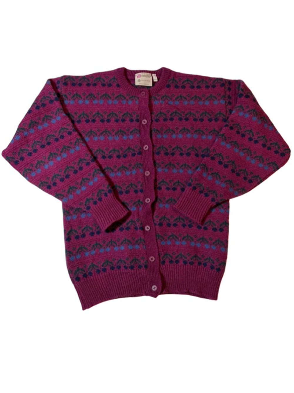 Vintage Pitlochry Scotland Wool Cardigan Fair Isle Nordic Pink Sweater M